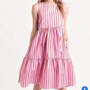 MDS Stripes Pink Red Barbie Stripe Peasant Mini Dress Sleeveless RTR Size 10